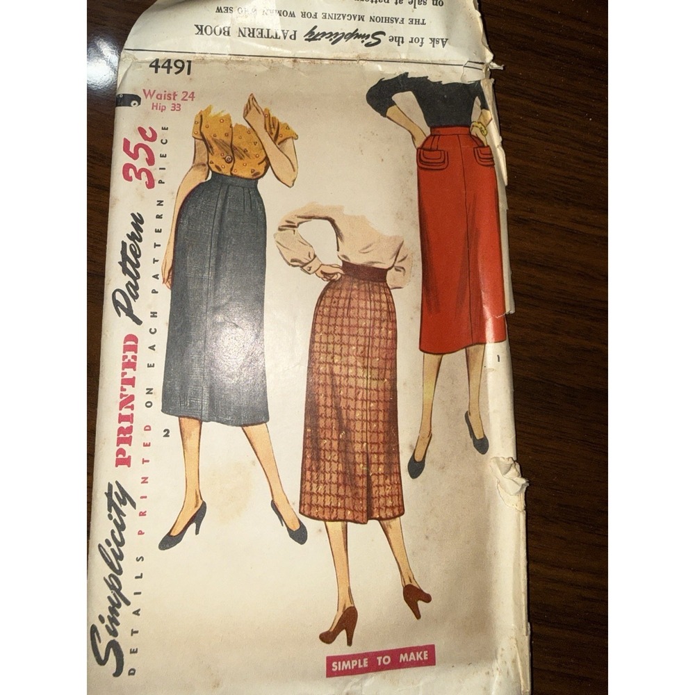 VTG 1950s Simplicity Skirt  Sewing Pattern 4491 Waist 24